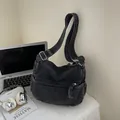Vintage donkergrijze denim draagtas met verstelbare riem en handige zakken met ritssluiting - Zwart