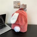 Cute pink plush rabbit backpack with long bunny ears and soft faux fur texture - Watermelon red