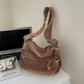 Vintage brown washed canvas crossbody bag with multi-pockets and adjustable strap - Brown