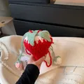 Handmade red crochet strawberry crossbody bag with green leaf and drawstring closure - Red