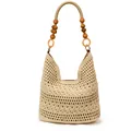 Beigefarbene Häkel-Strandtasche mit Holzperlengurten und floralen Lochmustern - Beige Groß