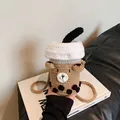 Cute knitted milk tea cup crossbody bag with bear design and brown crochet pearls - Khaki