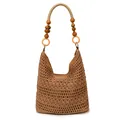 Braune Häkel-Strandtasche mit Holzperlengriff und orangen Zierringen für Damen - Khaki Groß