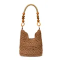 Brown crochet hollow tote bag with intricate woven patterns and beaded wooden handles - Khaki Medium