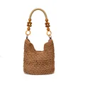 Dark brown hollow crochet tote bag with unique dark wood bead handles for beach vacations - Khaki Small