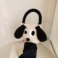 Handmade crochet cartoon dog handbag in beige with black ears and top handle - Beige with Black