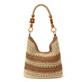Beige and brown striped woven beach tote bag with wooden bead straps for vacations - Beige Khaki Stripe Large