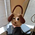 Cute brown cartoon puppy knitted handbag with big ears and crochet handle for women - Beige with Brown