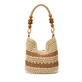 Hollow knit tote bag with beige and brown stripes and decorative wooden beads straps - Beige Khaki Stripe Medium