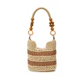 Beige and brown striped woven tote bag with wooden bead handles for beach vacation - Beige Khaki Stripe Small