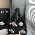 Large black plush tote bag with colorful 3D cartoon puppy patches for casual shoulder wear - Puppy Black