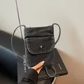 Retro washed dark grey denim crossbody mobile phone bag with silver metal buckle - Black