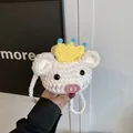 Handmade white crochet pig storage bag with yellow crown and soft knitted texture - Pink Pig