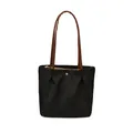 Minimalist black nylon tote bag with brown leather handles and golden zipper closure - S / Black