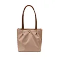Large khaki nylon tote bag with brown leather handles and pleated fashion details - S / Khaki