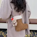 Christmas stocking shaped brown plush crossbody bag with cute teddy bear and fuzzy trim - With Pendant / Camel
