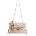 Grande borsa tote beige retrò con fibbia in metallo argento e ciondolo a forma di orsetto - con portachiavi / Bianco avorio