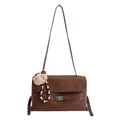 Grande borsa tote retrò marrone scuro con cuciture bianche e ciondolo a orsetto - con portachiavi / Marrone