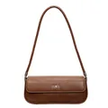 Detalle de bolso baguette marrón en cuero liso con logo metálico BB plateado brillante - Marrón