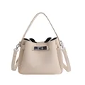 Beige bucket bag in litchi grain leather with silver twist lock and strap - White Without Pendant