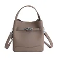 Taupe lychee pattern leather bucket bag with silver lock and detachable strap - No Pendant / Gray