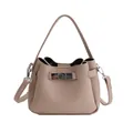 Beige bucket bag with lychee texture featuring a silver twist lock and adjustable strap - Khaki (No Pendant)