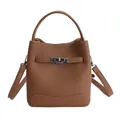 Brown lychee pattern leather bucket bag with silver turn-lock and adjustable strap - No Pendant / Brown