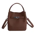 Brown litchi grain leather bucket bag with top handle and metallic lock hardware - No Pendant / Coffee