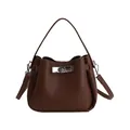 Brown litchi pattern bucket bag with silver metal turn-lock and adjustable strap - Brown No Pendant