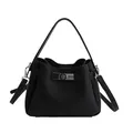Classic black litchi grain bucket bag with silver twist lock and adjustable strap - Black without Pendant