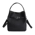 Classic black litchi grain bucket bag with silver metal turn-lock and adjustable strap - No Pendant / Black