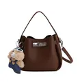 Dark brown lychee pattern bucket bag with detachable strap and cute teddy bear charm - Brown with Pendant