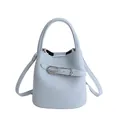 Chic light blue lychee pattern leather bucket bag with silver buckle and crossbody strap - Blue Without Charm