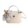 Chic beige box-shaped crossbody bag with a silver twist lock and cute teddy bear charm - With Pendant / White