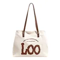 Minimalist beige canvas tote bag with brown leather straps and artistic lettering design - Canvas Brown