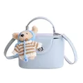Light blue minimalist handbag with silver twist lock and teddy bear plush charm - With Pendant / Blue