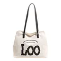 Off-white canvas tote bag with black leather straps and LOO slogan print for daily commute - Canvas Black
