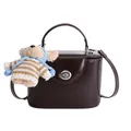 Dark brown patent leather small square bag with cute bear charm and silver twist lock - With Pendant / Brown