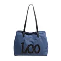 Blue denim tote bag with black faux leather straps and graphic LOO print design - Denim Black