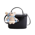 Black leather box-style handbag with silver twist lock and cute plush bear charm - Black