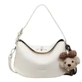 Sac hobo blanc en cuir grainé avec fermoir argenté et breloque ours en peluche - Sans Pendentif / Blanc