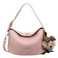 Sac bandoulière en cuir rose à texture litchi avec fermoir argenté et peluche - Sans Pendentif / Rose