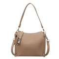 Chic beige pebble textured leather handbag with silver hardware and fashion lettering - Khaki