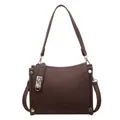 Dark brown pebble leather crossbody bag with silver hardware and fashion logo text - Coffee