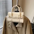 Chic cream white PU leather square handbag with golden buckle and crossbody strap - Cream White with Pendant