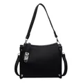 Retro black lychee grain leather crossbody bag with silver twist lock and studs - Black