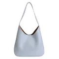 Minimalist light blue leather tote bag with brown interior and wide shoulder strap - Blue