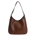 Deep brown retro leather hobo tote bag with wide shoulder strap in minimalist design - Brown