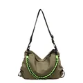 Olive green nylon hobo bag with trendy neon woven chain and adjustable shoulder strap - Green