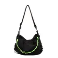 Black hobo shoulder bag with vibrant neon green woven rope detail and nylon fabric - Black